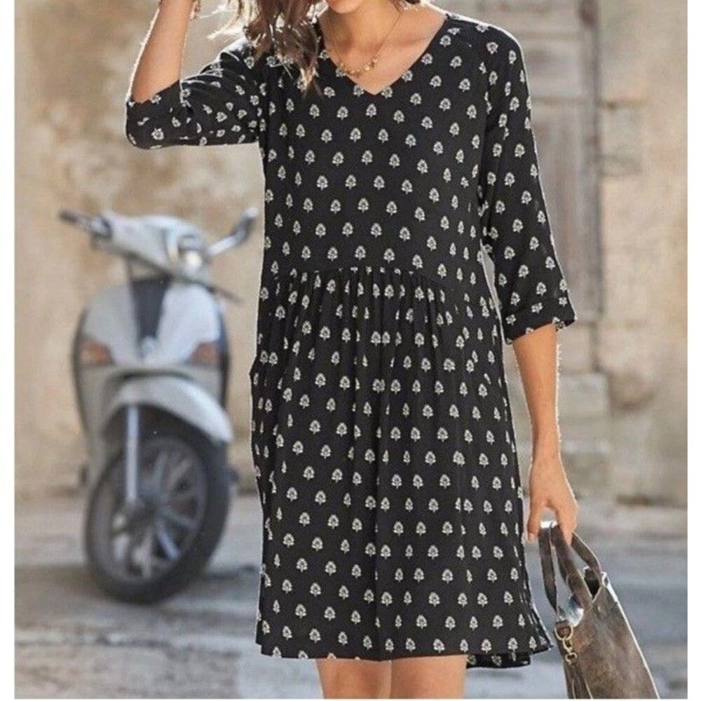 Garnet Hill Drop Waist Midi Dress Sz 6 Black Floral Block Print Pockets Cottage
